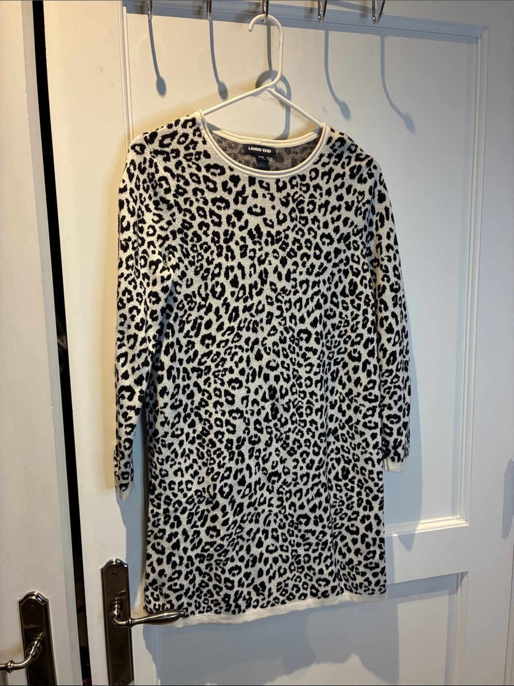 Lands' End Black and White Leopard-Print Long Sleeve Dress